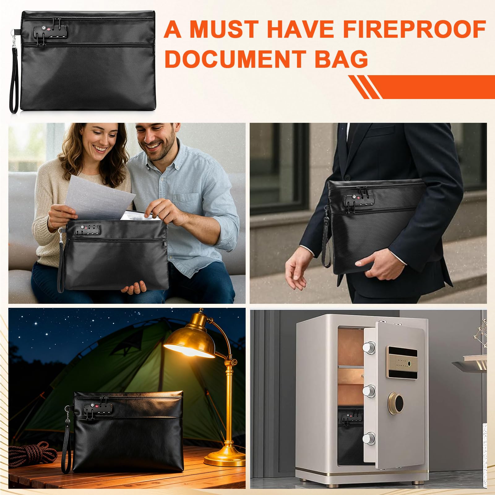 Bolsa de Documentos Resistente al Fuego de 6400°F con Cerradura de Combinación - Bolsa para Dinero Resistente al Calor para Efectivo, Pasaportes, Escrituras, Teléfonos, Bolsa Impermeable Resistente al