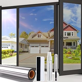 Beautysaid Heat Reflective Window Film Privacy Film for Glass Windows, One Way Mirror Window Tint Film Home, UV Sun Blocker Anti Glare Vinyl House Doors Cover with Tools, Silver, 44.5 x 200cm