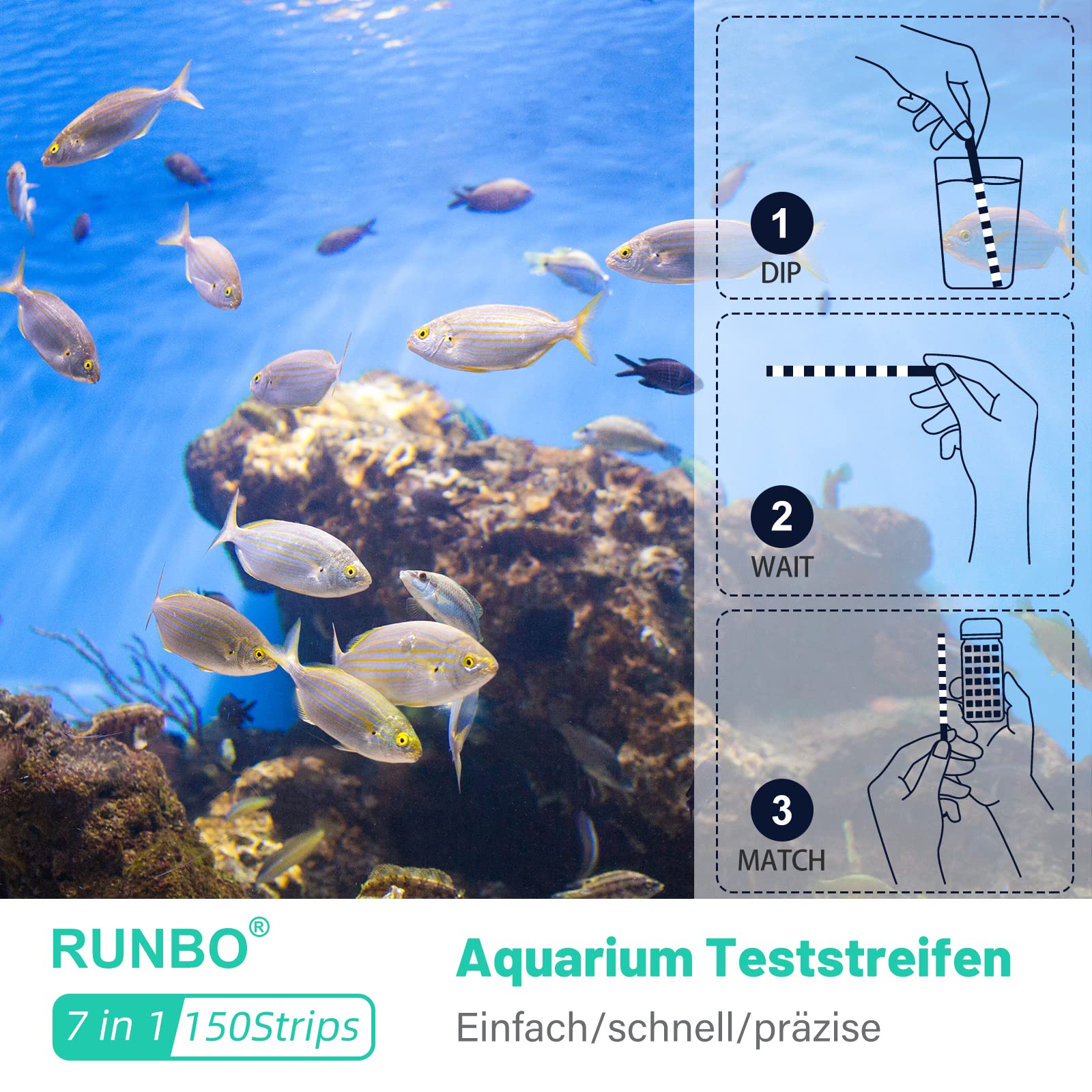 RUNBO Paski testowe do akwarium 7 w 1, 150 sztuk, zestaw do testowania słodkowodnego stawu rybnego, dokładne sprawdzenie ogólnej twardości, azotanu węglanowego, azotanu, azotanu Cl2 pH