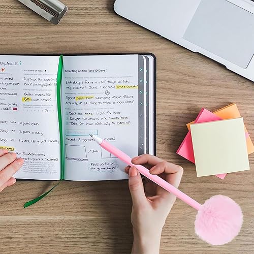 Miniatura 5 de BIWONUI Juego de 8 bolígrafos esponjosos con pompones, suministros escolares, color negro, rosa, morado y blanco, colorido juego de papelería para