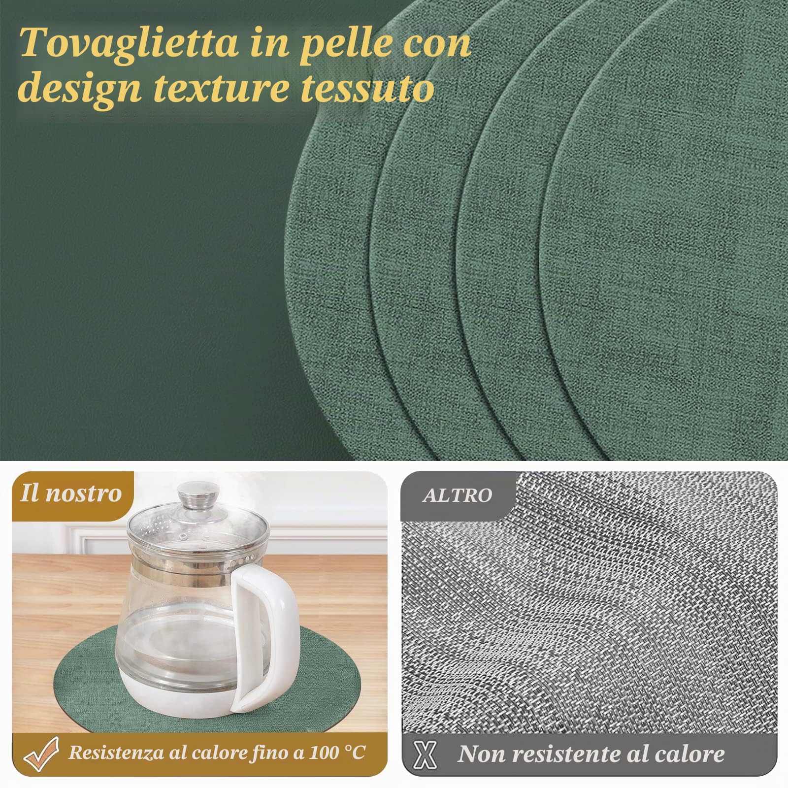 Set di tovagliette rotonde in pelle lavabili (34 cm) e sottobicchieri (10 cm), resistenti al calore 100 °C, antiscivolo e impermeabili, facili da pulire per ristorante, 8 pezzi, (verde)