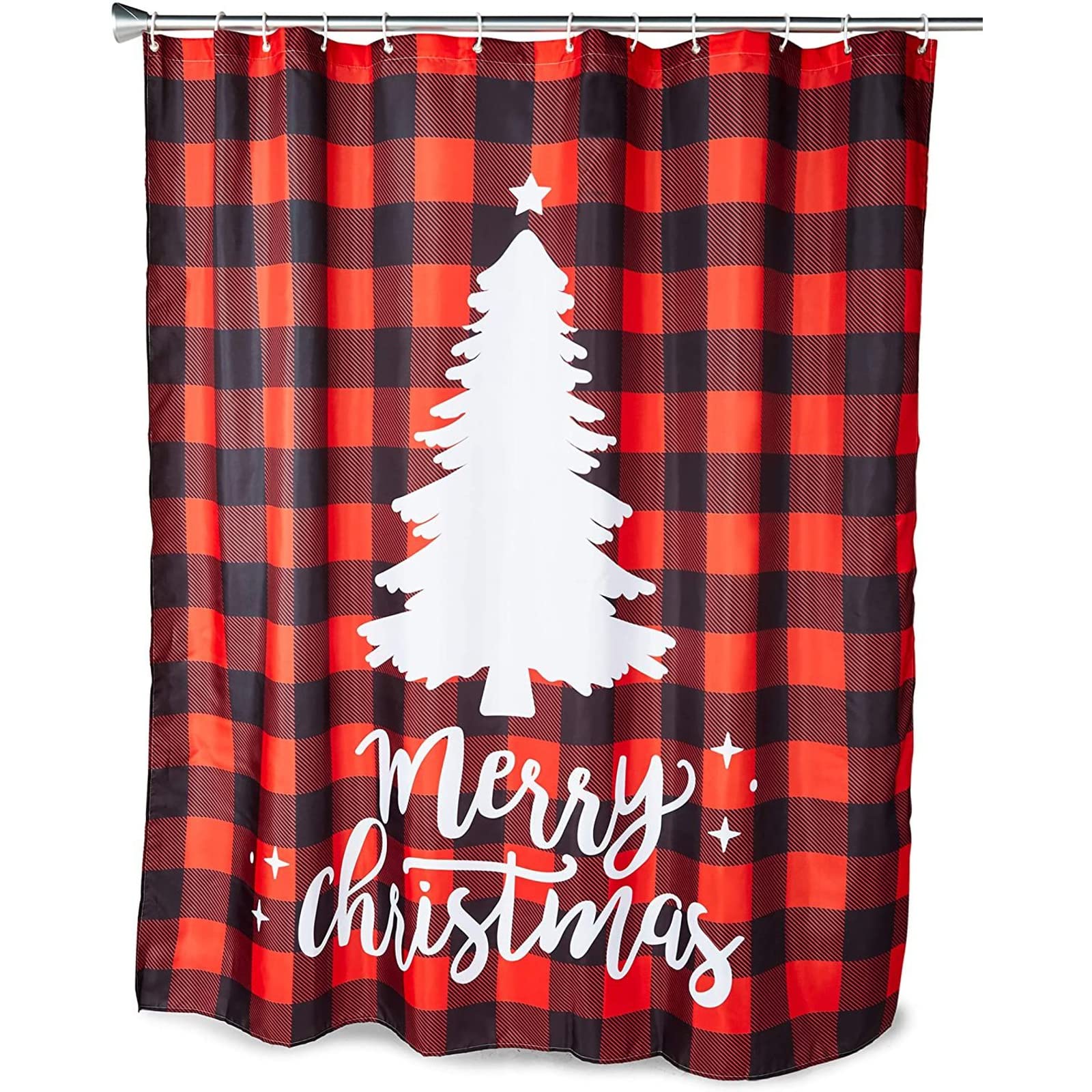 Farmlyn Creek Christmas Buffalo Plaid Shower Curtain Set with 12 Hooks, Holiday Home Decor (70 x 71 in)