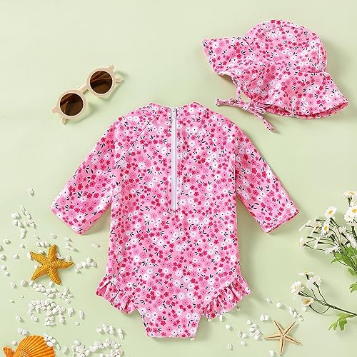 Miniatura 3 de WOLBAY Traje de baño de manga larga de una pieza con protector de erupción con sombrero para el sol, traje de baño con cremallera, talla 0-2T