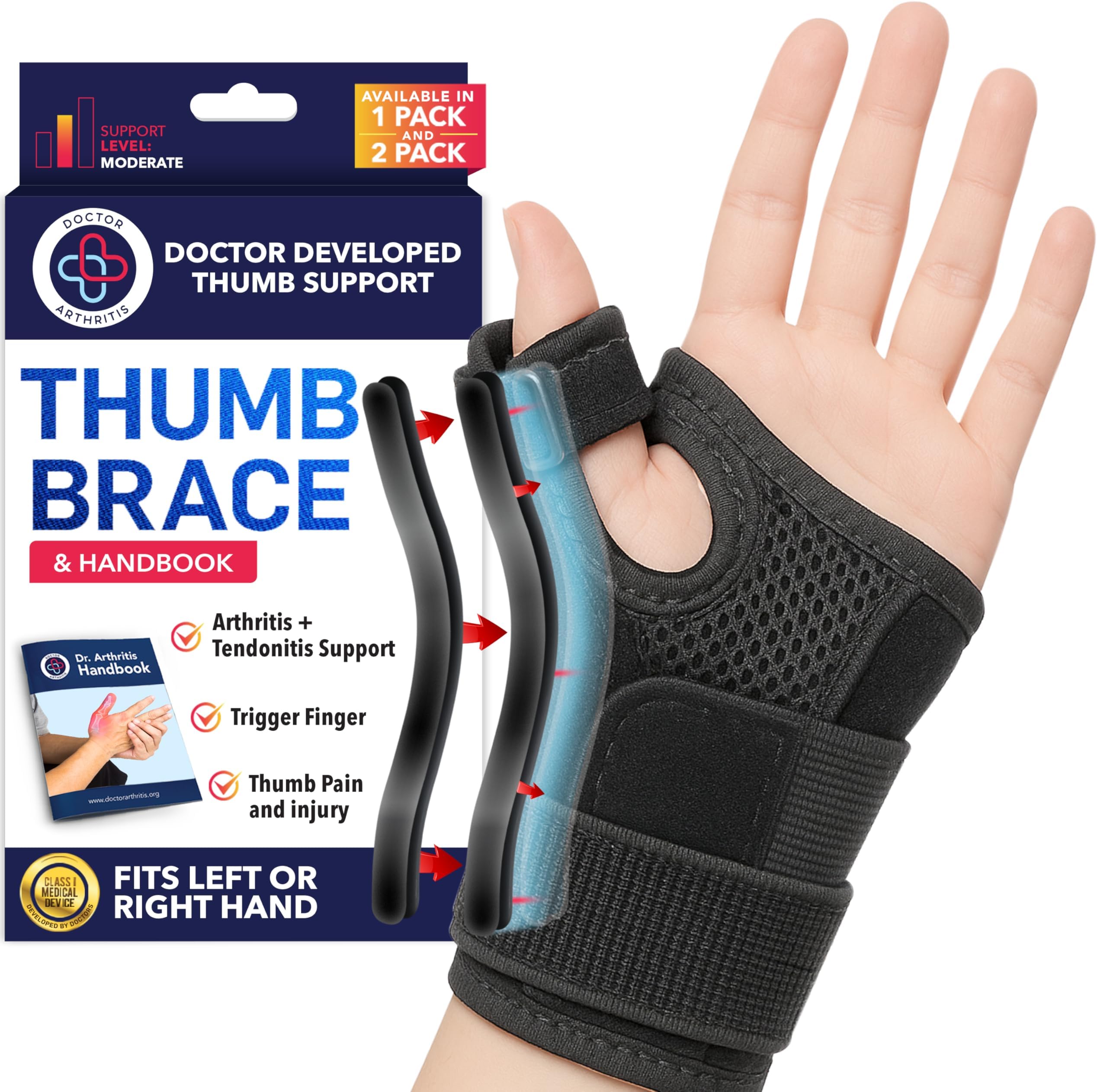 Dr.Arthritis Doctor Developed Thumb Brace & Doctor Handbook - Thumb Splint For Right Hand/Left (Black, Single)