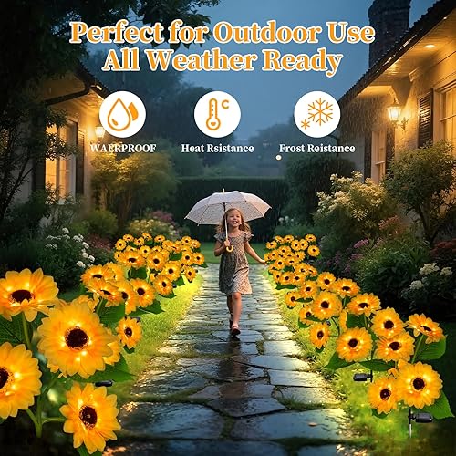 Miniatura 2 de Luces solares de estaca de jardín para exteriores, paquete de 2 luces LED solares con 8 girasoles, luces decorativas solares impermeables para