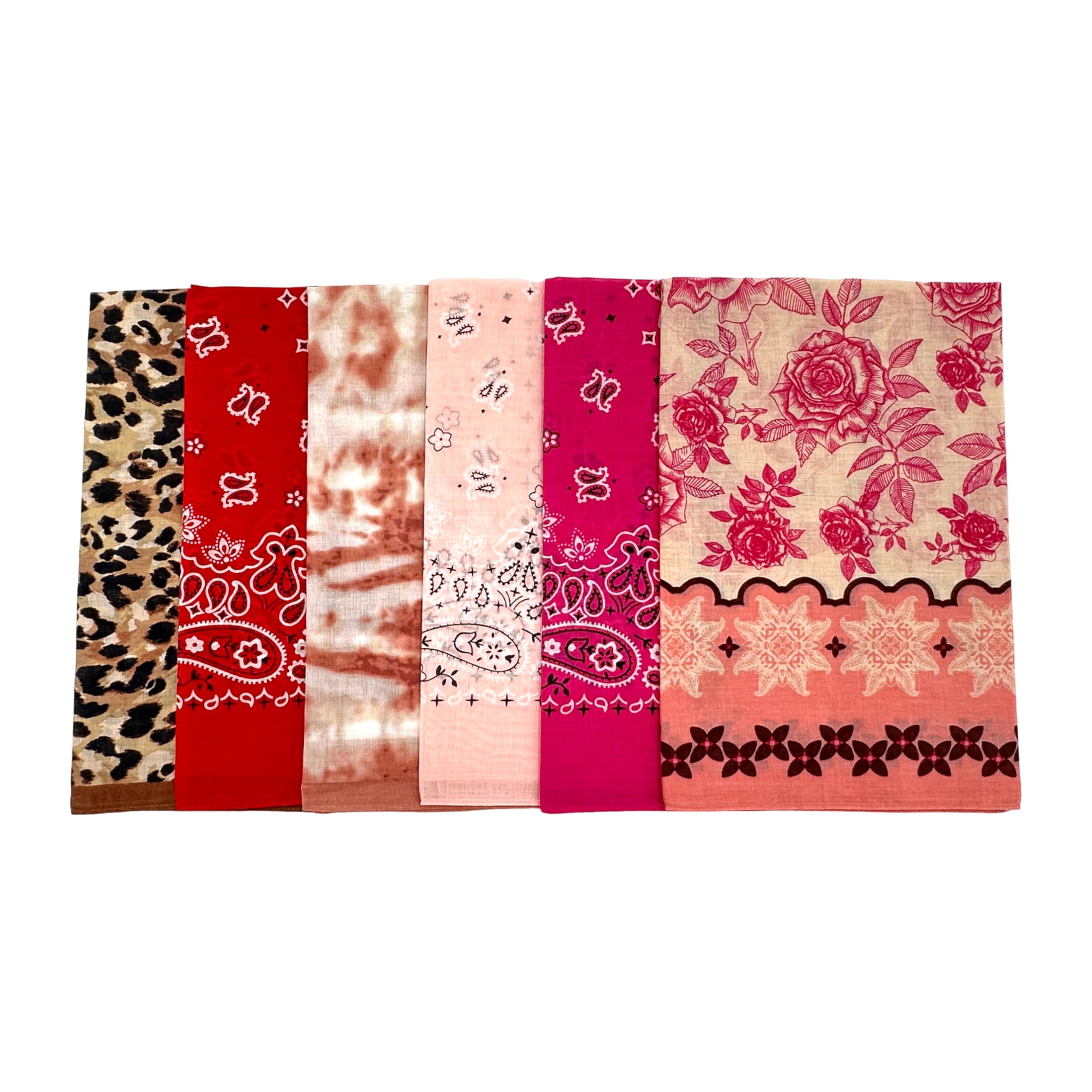 HankieWorld Bandanas 6 Pack Ultra Soft 22 inch Dould Sided Printing Thin 60s Preium Cotton Bandanna Scarf?Pink,Rose,Hot Pink,Red,Leopard,Tie Dye?