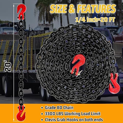 Miniatura 23 de Cadena de transporte G80 Cadena resistente de 1/4 pulgadas × 20 pies con resistencia a la rotura de 3300 libras para remolque Cadenas