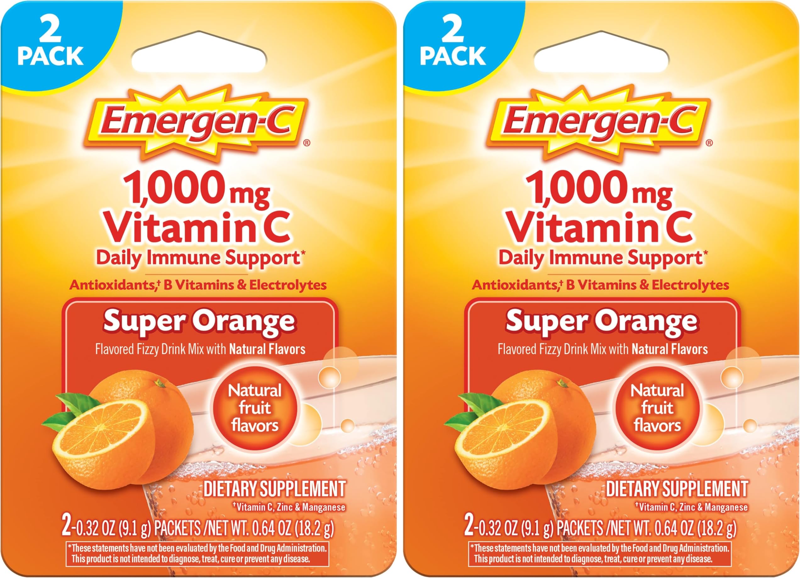Emergen-C 1000mg Vitamin C Powder for Daily Immune Support Caffeine Free Vitamin C Supplements with Zinc and Manganese, B Vitamins and Electrolytes, Super Orange Flavor - 2 Count (Pack of 2)