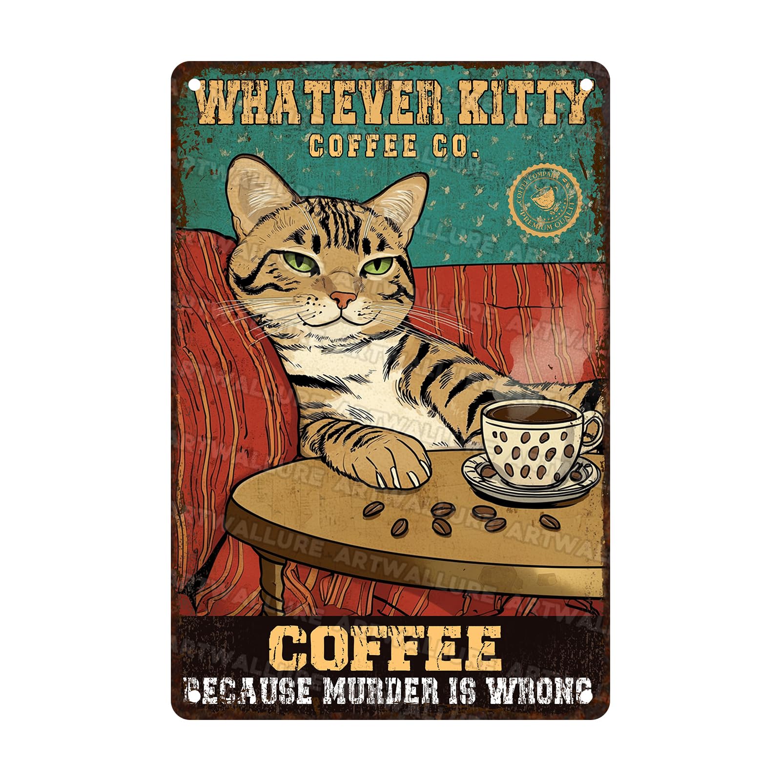 Cat Coffee Sign Because Murder Is Wrong Tin Sign Retro Kitchen Cafe Bar Wall Decor Coffee Shop Decoration Metal Plaque 8x12inch