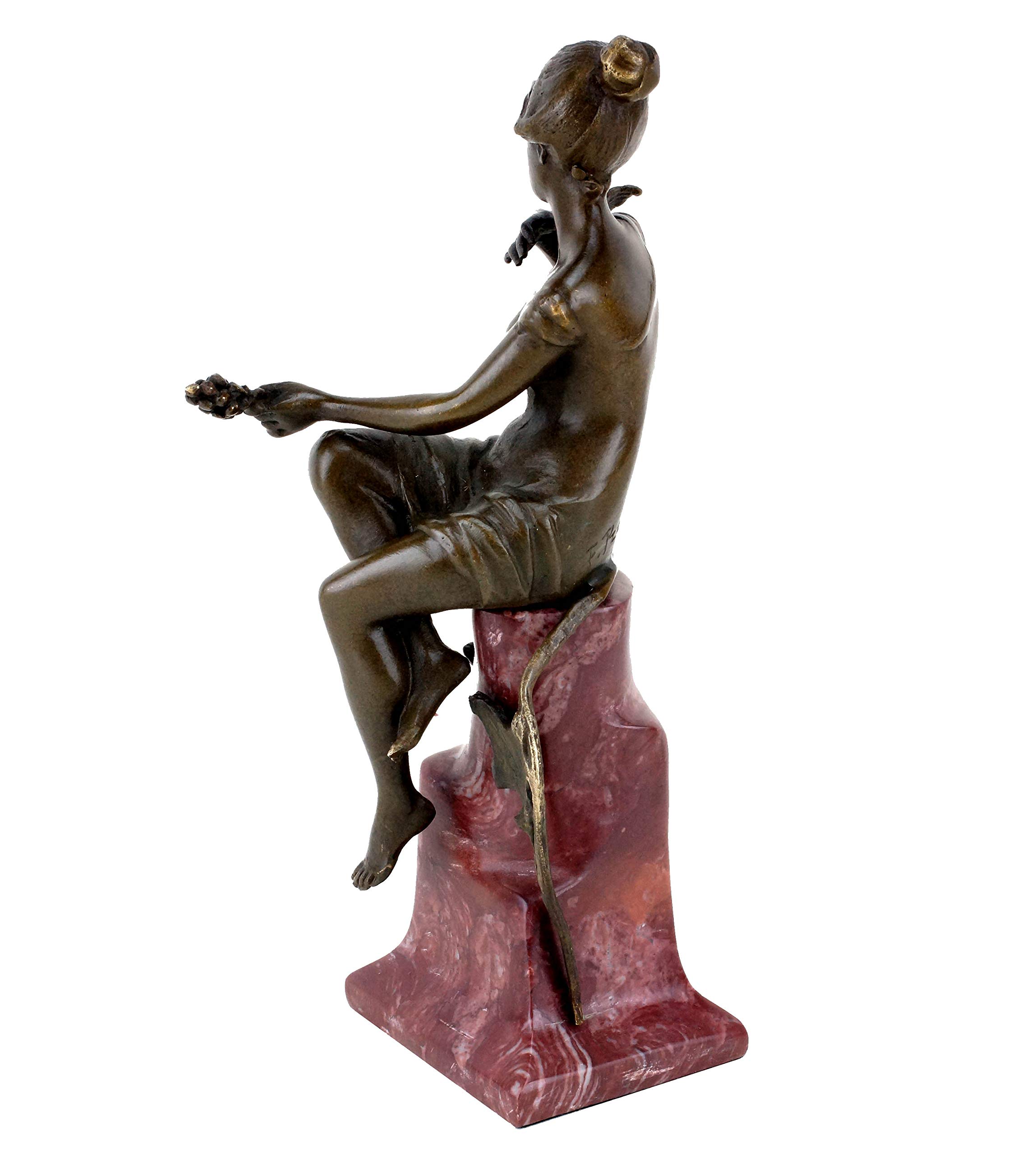Kunst & Ambiente - Jugendstil Figur aus Bronze - Frau mit Taube - signiert Ferdinand Preiss - roter Marmorsockel - Skulpturen Online kaufen - Wohndeko für Innen und Außen