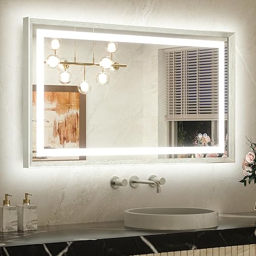 Miniatura 19 de TETOTE Espejo LED de baño de 24 x 32 pulgadas, marco de metal dorado cepillado frontal y retroiluminado, espejo de tocador antiniebla, regulable Oro