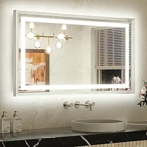 TETOTE 40 x 24 Led Mirror Brushed Nickel Metal Frame Frontlit & Backlit Vanity Mirror Anti-Fog Stepless Dimmable 3 Colors White/Warm/Natural Wall Mirror with Lights Wall-Mounted