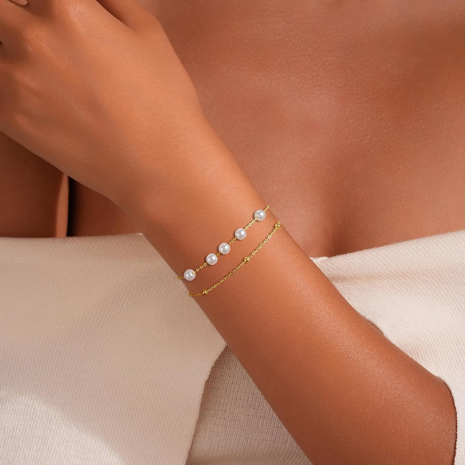 Dainty Pearl Zirconia Layered Bracelet for Women S925 Sterling Silver Pearl Crystal Beaded Bracelet to Daughter Mother Adjustable Link Chain Bracelets Birthday Wedding Mother’s Day Jewelry Gifts