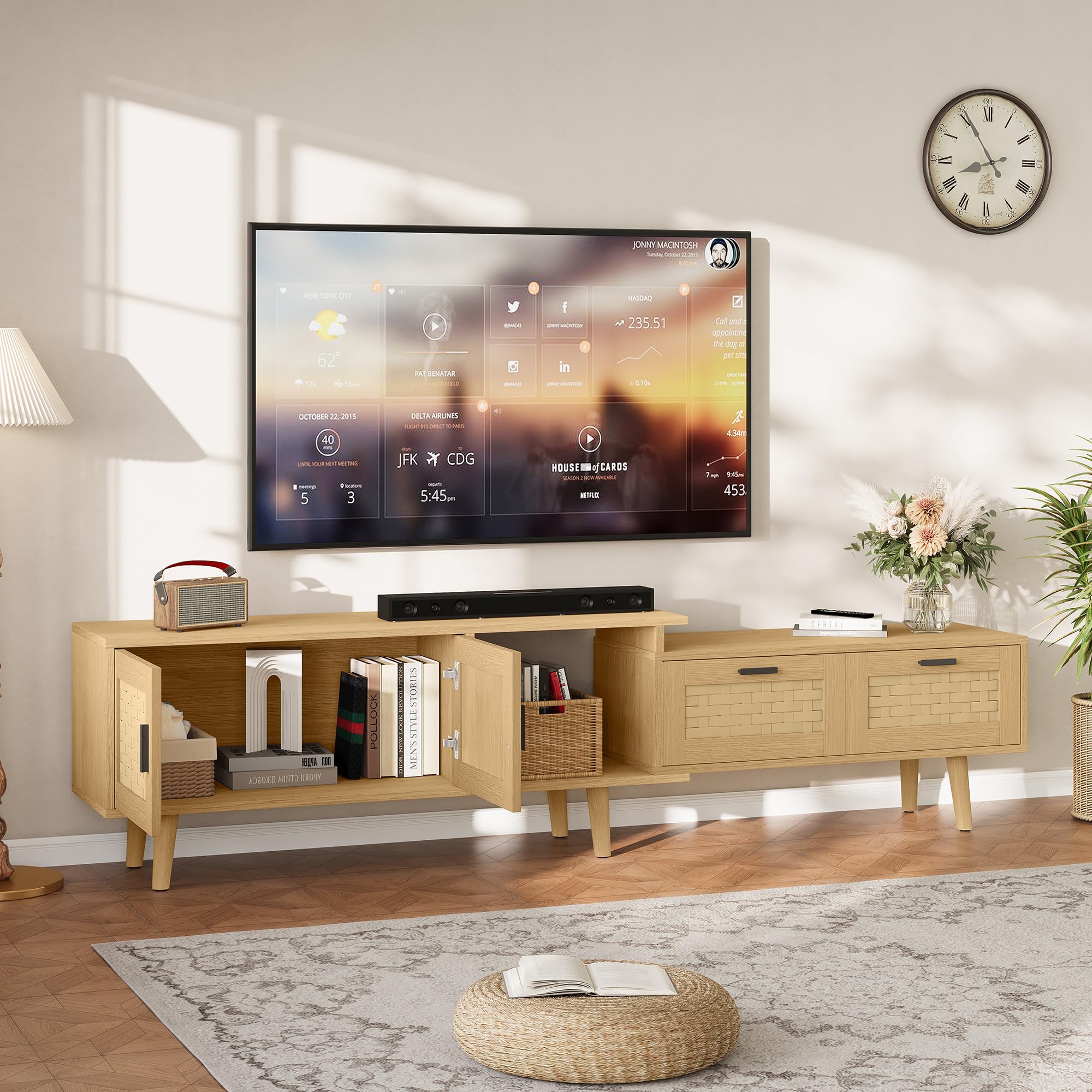 Mobile TV allungabile con 2 ante e 2 cassetti (146-180 cm), TV Lowboard, mobile TV, credenza TV, per soggiorno, camera da letto, TV fino a 75 pollici (rovere)