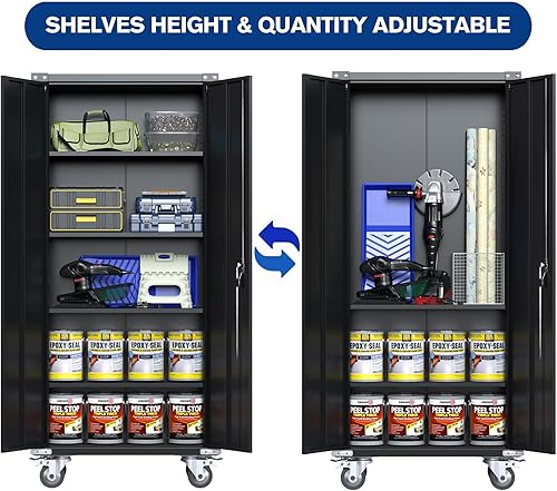 Miniatura 6 de SUXXAN Armario de almacenamiento de metal alto con rueda para garaje en el hogarestantes ajustables con cerradura rígido y diseño de parachoques