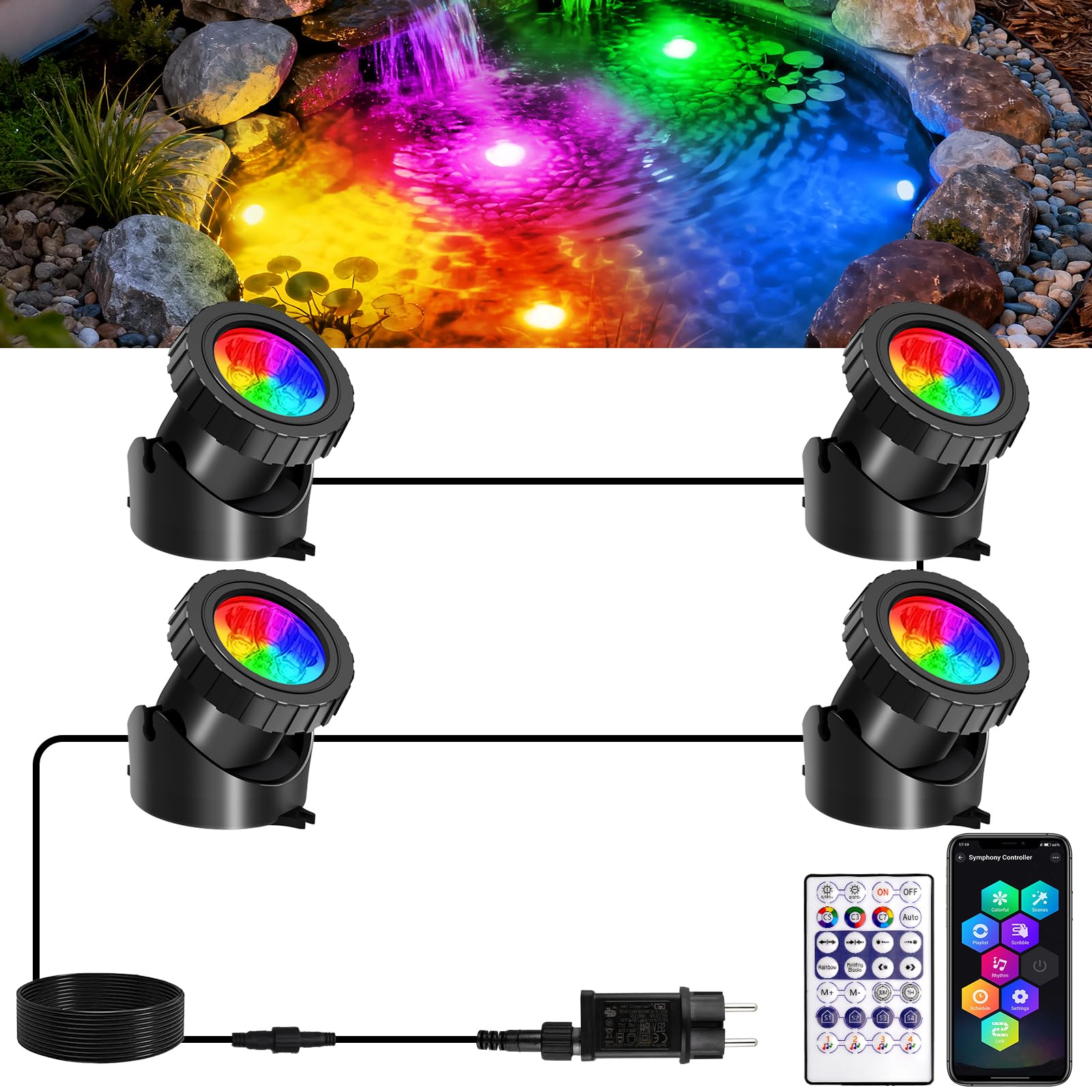 T-SUNUS Teichbeleuchtung Unterwasser RGB, Unterwasserbeleuchtung Teich mit Bluetooth APP Fernbedienung, IP68 Wasserdicht Farbwechsel Poolbeleuchtung Unterwasser für Garten Patio Baum Aquarium 4 in 1