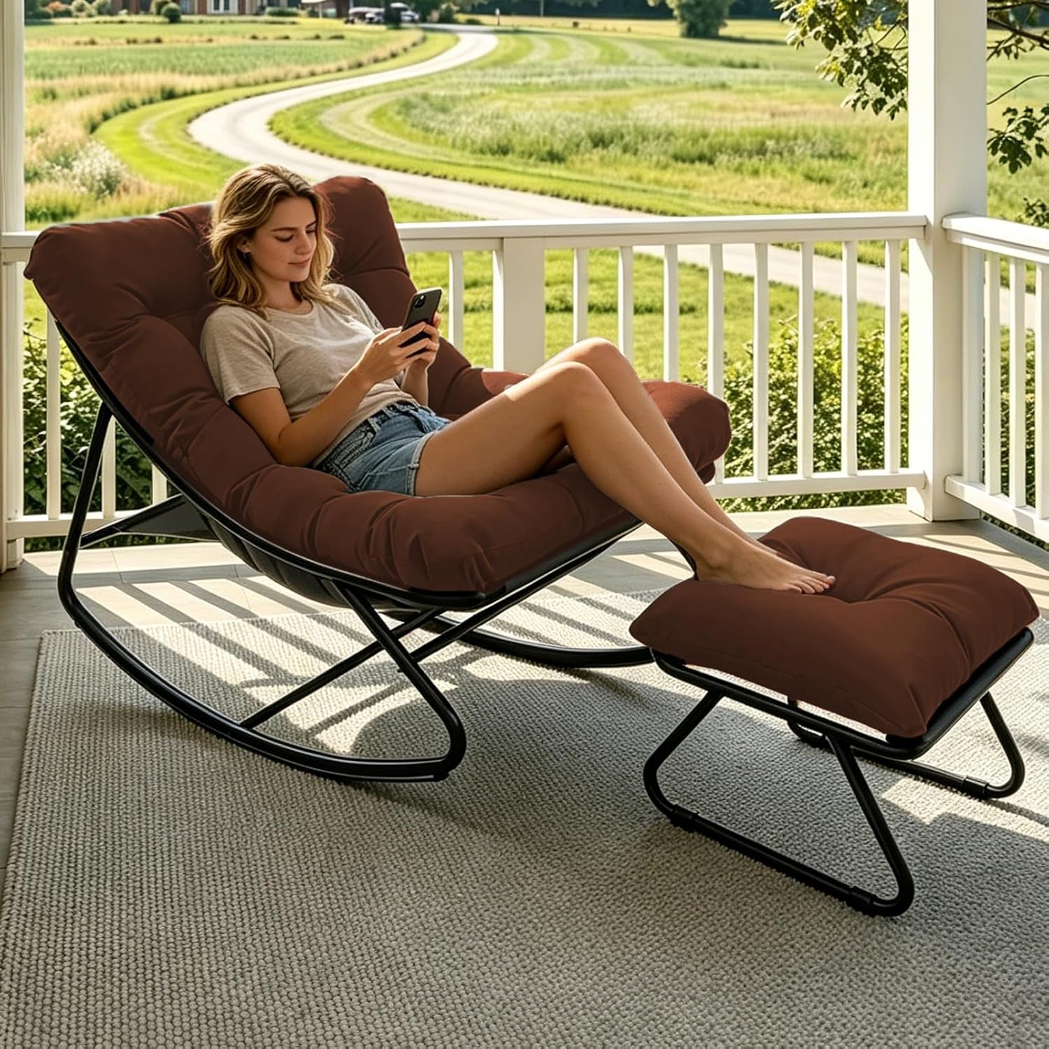 Outdoor Rocking Chair, Rocking Chair with Foot Rest, Comfy Rocker Chairs with Thick Cushion and Frame, Mecedora for Balcony, Living Room, Patio (Brown.)