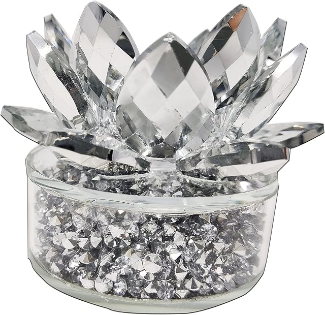 CRYSTAL CROWN® Silver crushed diamonds sparkle ornament Lotus on Cylinder tea light holder | CRYSTALLIZED Silver Lotus Candle Holder Crushed Diamond Display