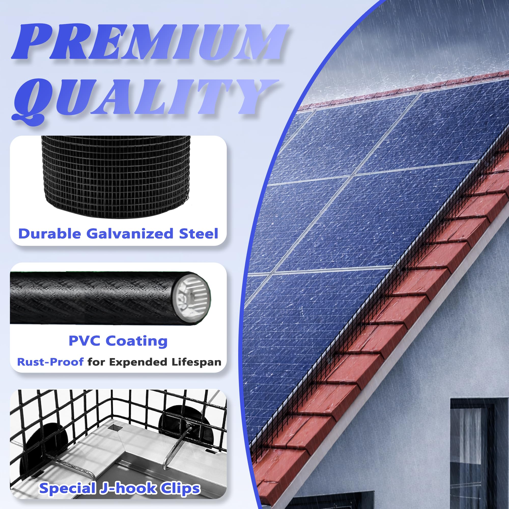 PROLEE Panneau solaire anti-oiseaux antirouille avec 100 clips de fixation pour toit - 15,2 cm x 30,5 m - Amovible sans dommages