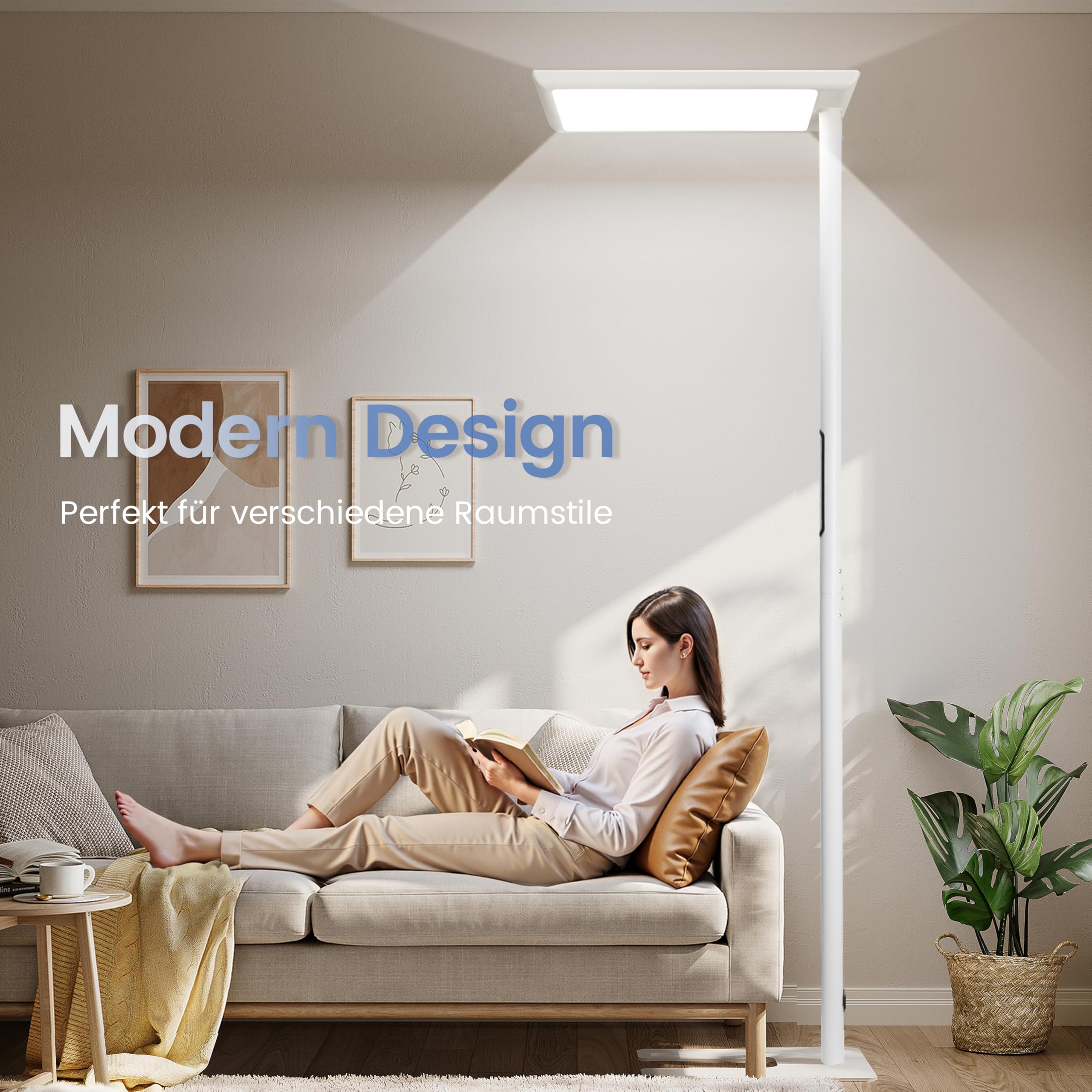 Büro Stehlampe – UGR<16, CRI>98, 7000lm, 4000K, Vollspektrum | 7000lm Tageslicht | UGR<16 blendfrei + CRI>98 | Vollspektrum 4000K | 60W+50W dimmbar | Büro, Kinderzimmer, Lesen | 198cm