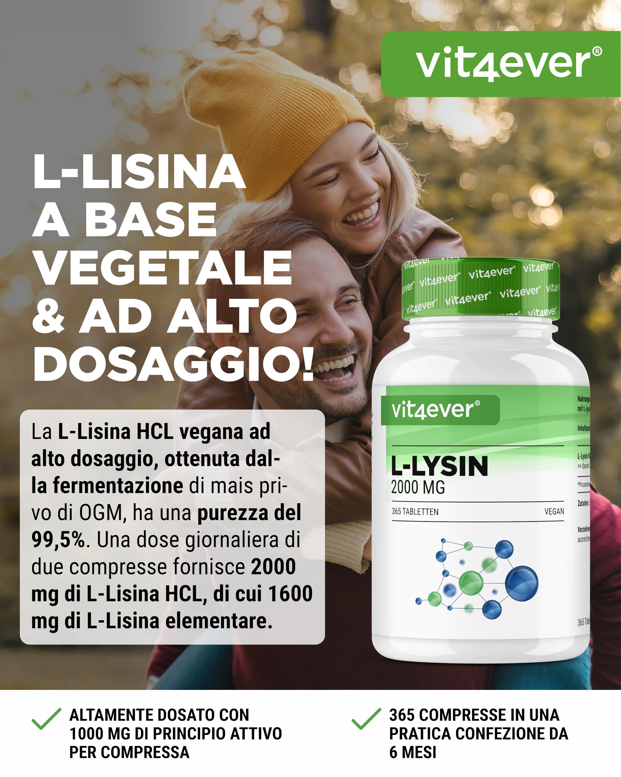 L-Lisina – 365 Compresse – Alto dosaggio con 2000 mg di L-Lisina HCL al giorno – Da fermentazione vegetale – Senza additivi indesiderati – Vegano