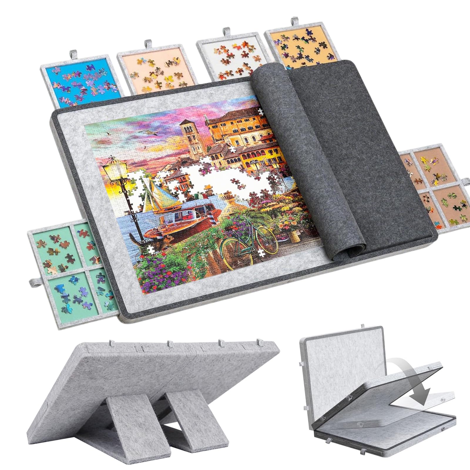 1000/1500 Pieces Jigsaw Puzzle Board with 6 Drawers & Cover, Foldable Jigsaw Puzzle Table with Stand, 3 Tilt Angles, Super-Lightweight, Felt Puzzle Board for adults, Grey (1500 pieces)