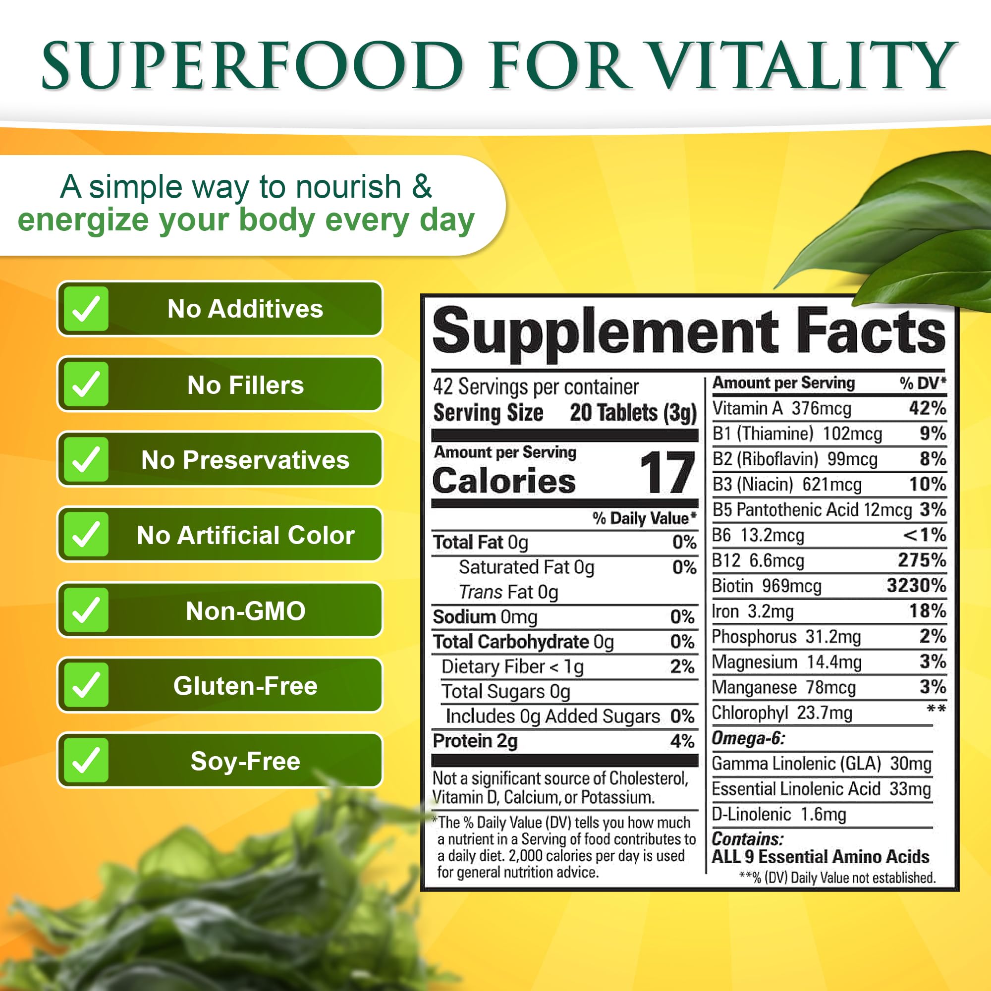 Sunlit Best Organic Spirulina Tablets, Pure Natural Superfood Pills, 500 CT — Amazon image 3