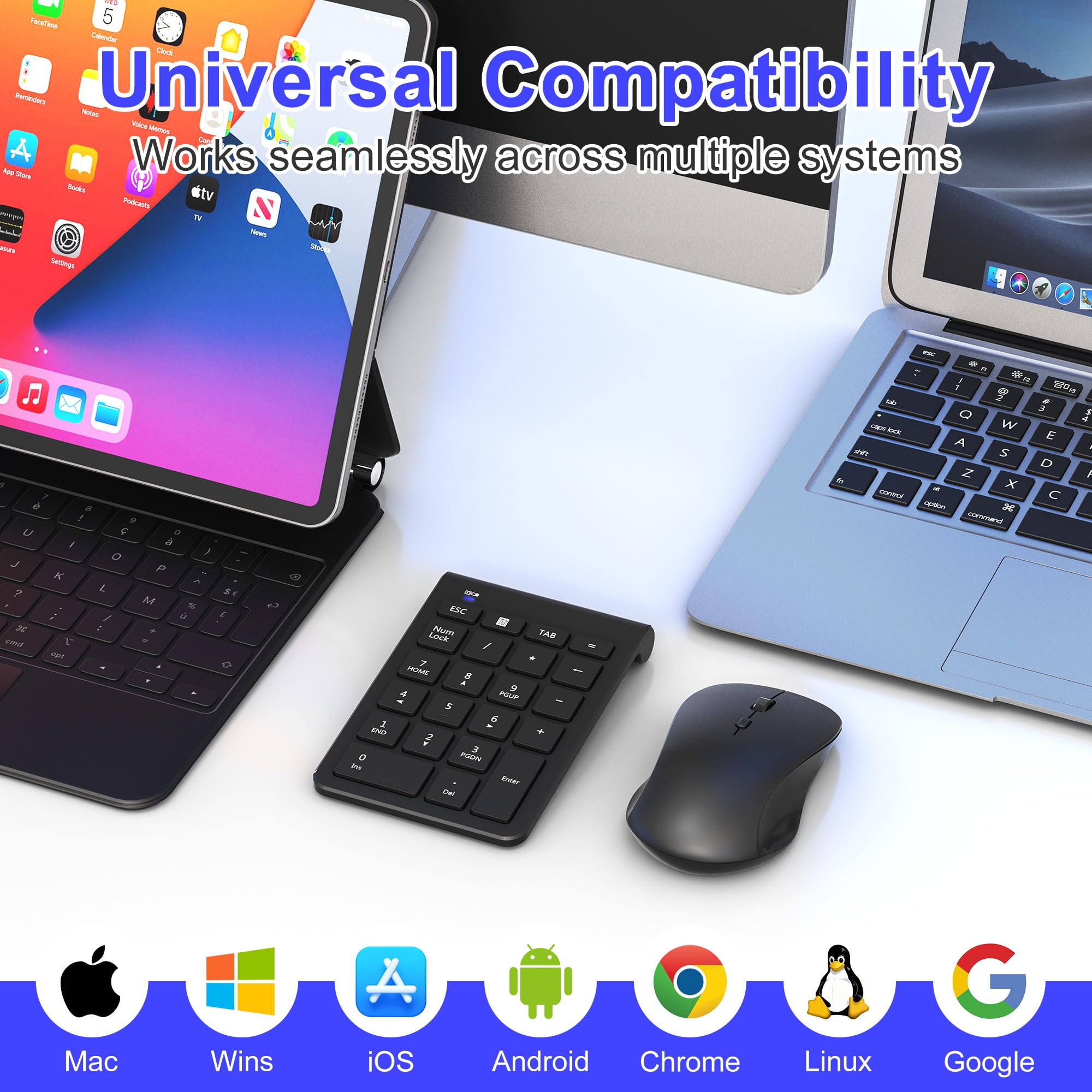 Combo de mouse inalámbrico y almohadilla numérica, teclado USB de 22 teclas y 3 mouse silencioso DPI ajustables, teclado numérico ultra delgado y portátil de 2.4 GHz para laptop, PC, escritorio