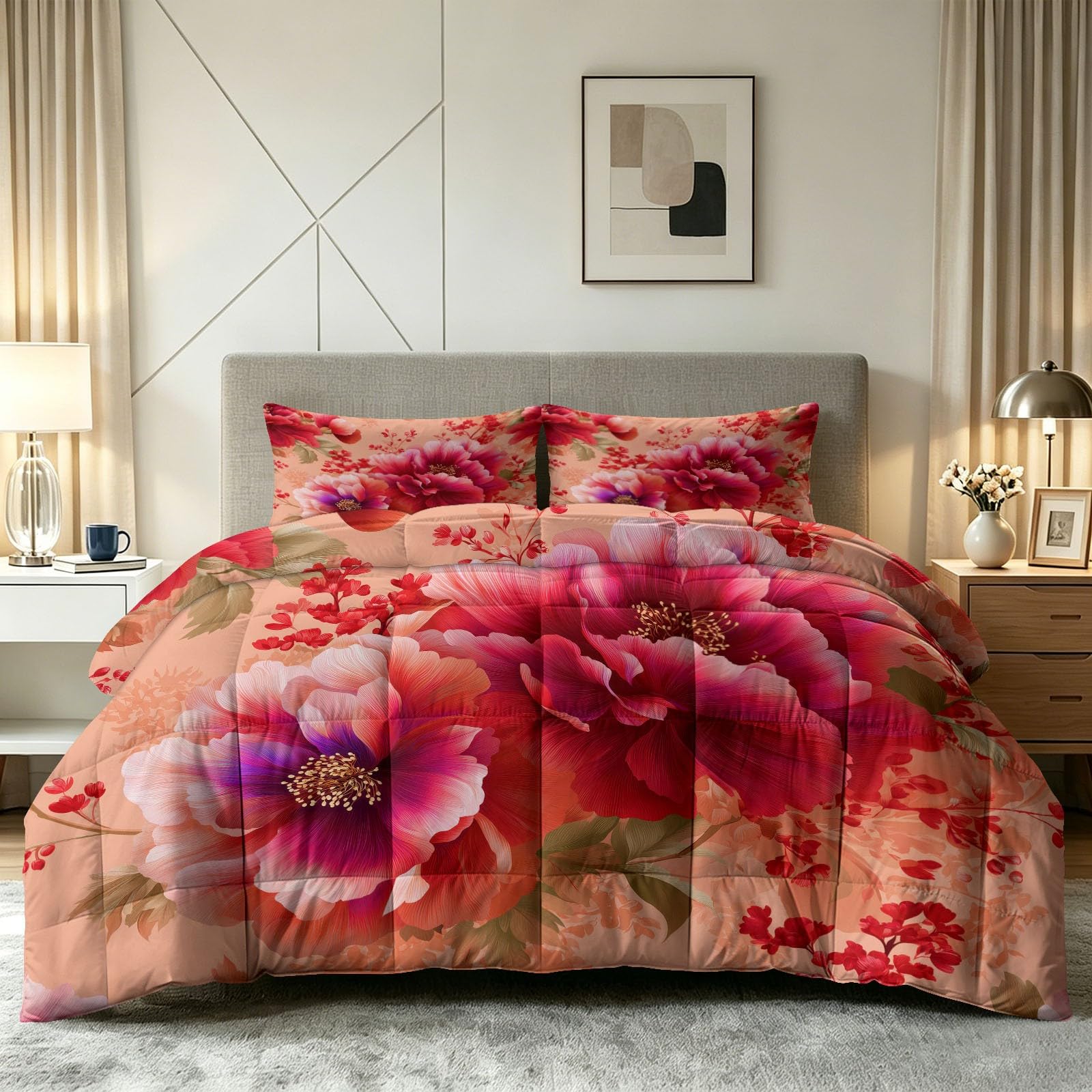 Edredón doble vintage lavable para todas las estaciones con estampado botánico