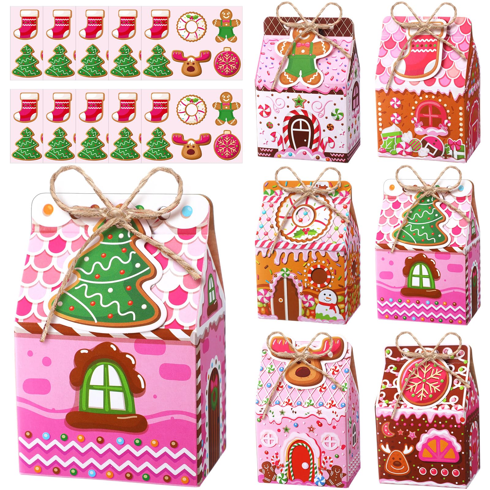 Blulu 60 Set Small Christmas Cookie Boxes with Tags Gingerbread House Gift Box with String Kraft Paper Christmas Treat Boxes Mini Goodie Containers