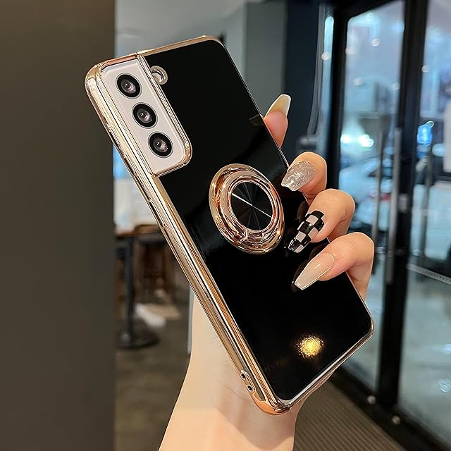 ZTOFERA Compatible with Samsung Galaxy S21 5G Case with 360 Degree Rotation Finger Ring Holder, Flexible Silicone Phone Case with Magnetic Metal for Car Mount Gold Edging Shockproof Cover, Black