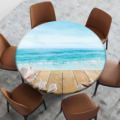 Miniatura 7 de Mantel con patrón de playa, borde elástico, impermeable, lavable, para mesas redondas de 22 a 27 pulgadas