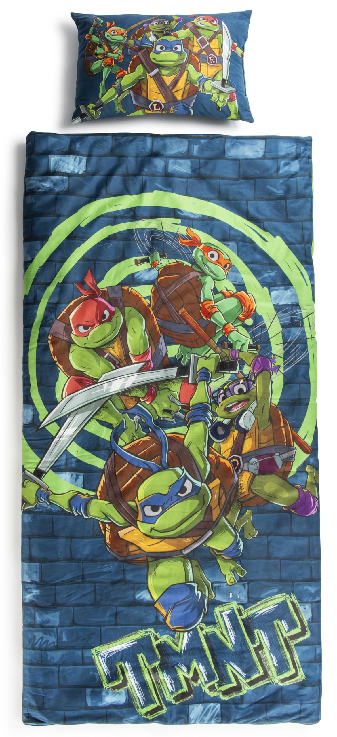 Jay Franco Kids Slumber Bag and Pillow - 54 x 27 Inch Comfy Indoor Sleeping Bag for School and Sleepovers, 2 Piece Set, Blue - Teenage Mutant Ninja Turtles