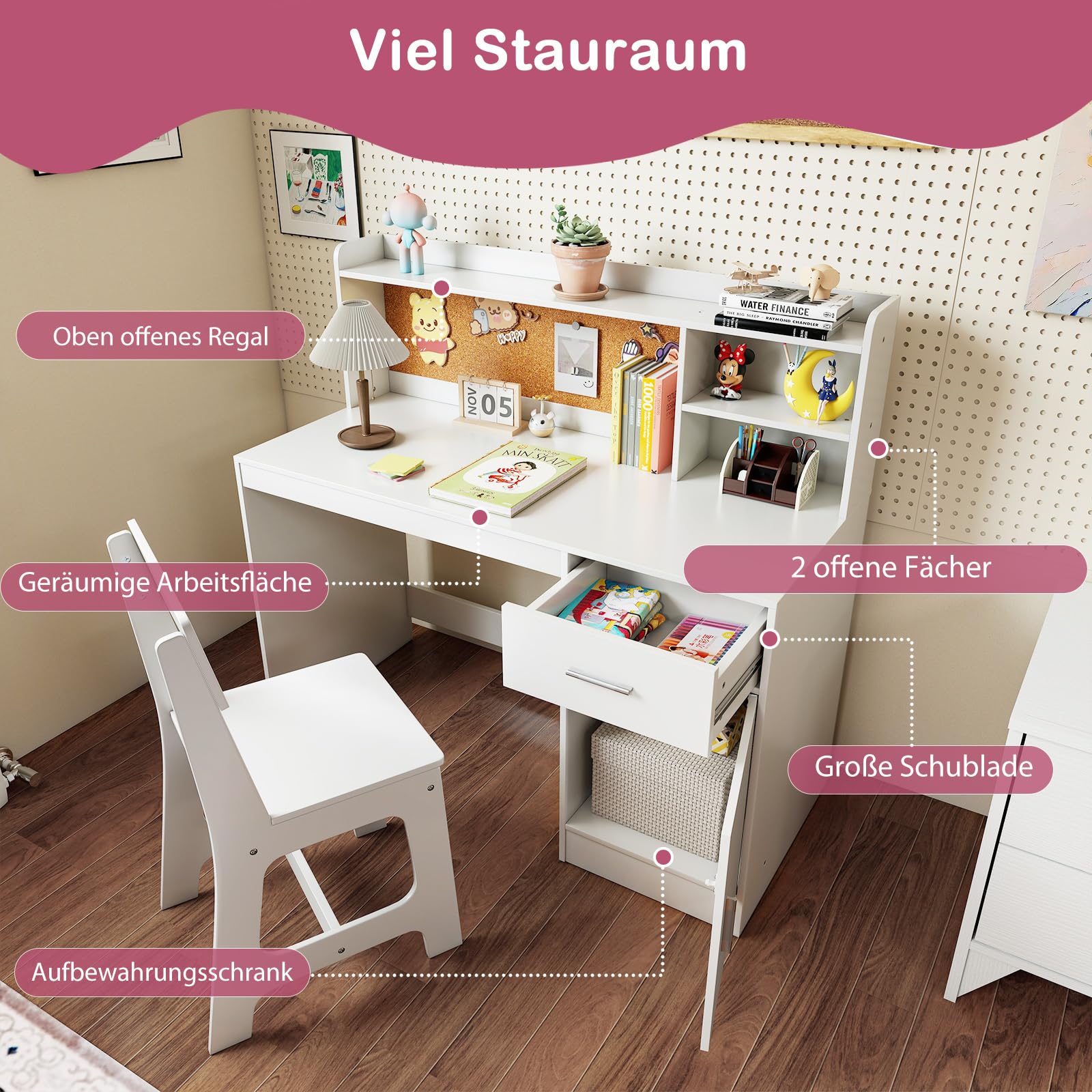 GOPLUS Schreibtisch Kinder mit Stuhl, Kinderschreibtisch Holz mit Regal, Schublade, Schrank & Pinnwand, Jugendschreibtisch zum Essen, Lernen, Zeichnen, für Mädchen & Junge ab 3-8 Jahren (Weiß)