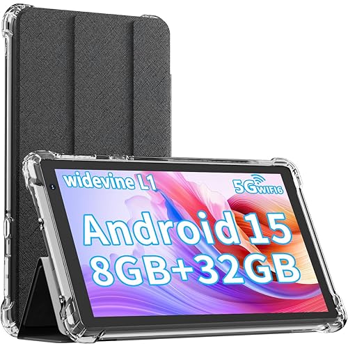 Android 15 Tablet with Case, 7 Inch 8GB RAM+32GB ROM/ 1TB Expandable Computer, 5MP Camera Tablets, 1.6Ghz Quad-core Processor, 3000mAH Battery Tablet PC, 5G WiFi, Games 7'' Android Laptop Black