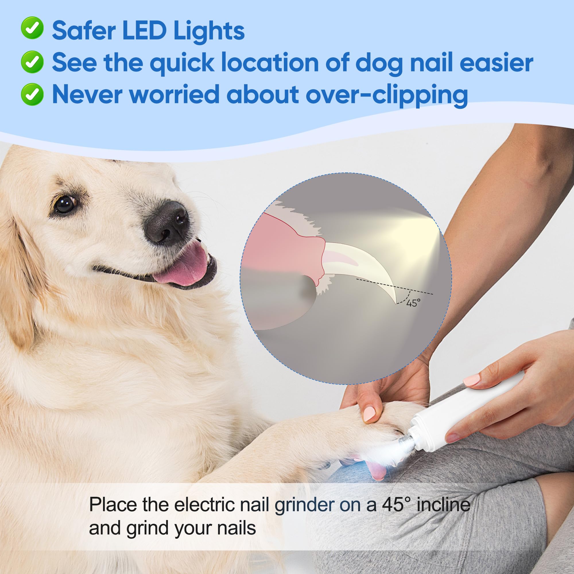PETCHO Cortaúñas 2 en 1 para perros, amoladora eléctrica de uñas para perros grandes, medianos y pequeños, 2 luces LED, cortaúñas para gatos con pantalla de batería