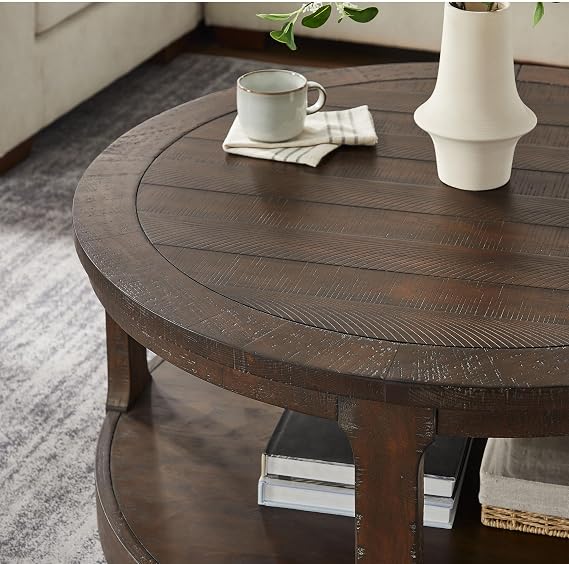 Round Coffee Table with Wheels, 40 Curved 2 Tier Center Coffee Table, Modern Circle Side Table Wood End Table for Living Room Bedroom Office Apartment, Brown