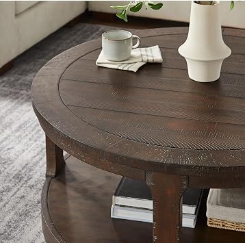 Round Coffee Table with Wheels, 40 Curved 2 Tier Center Coffee Table, Modern Circle Side Table Wood End Table for Living Room Bedroom Office Apartment, Brown