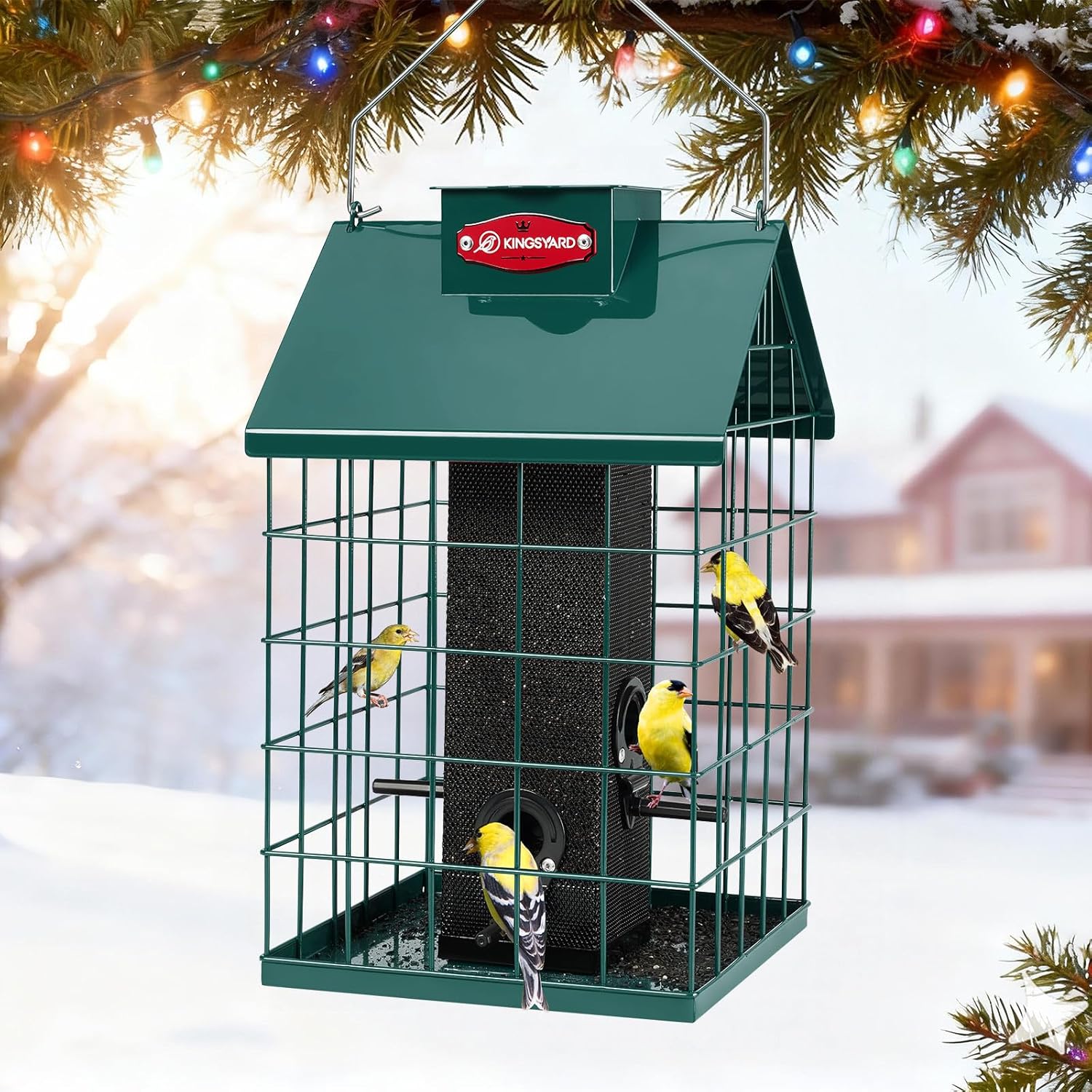 Kingsyard Squirrel Proof Caged Bird Feeder for Outdoor Hanging - Weatherproof Metal Mesh Tube Finch Bird Feeder with 4 Ports for Nyjer/Thistle Seed, Small Birds Goldfinches, Chickadees, Green thumbnail