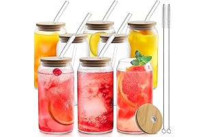 HOMBERKING Glass Cups with Bamboo Lids and Straws 8pcs