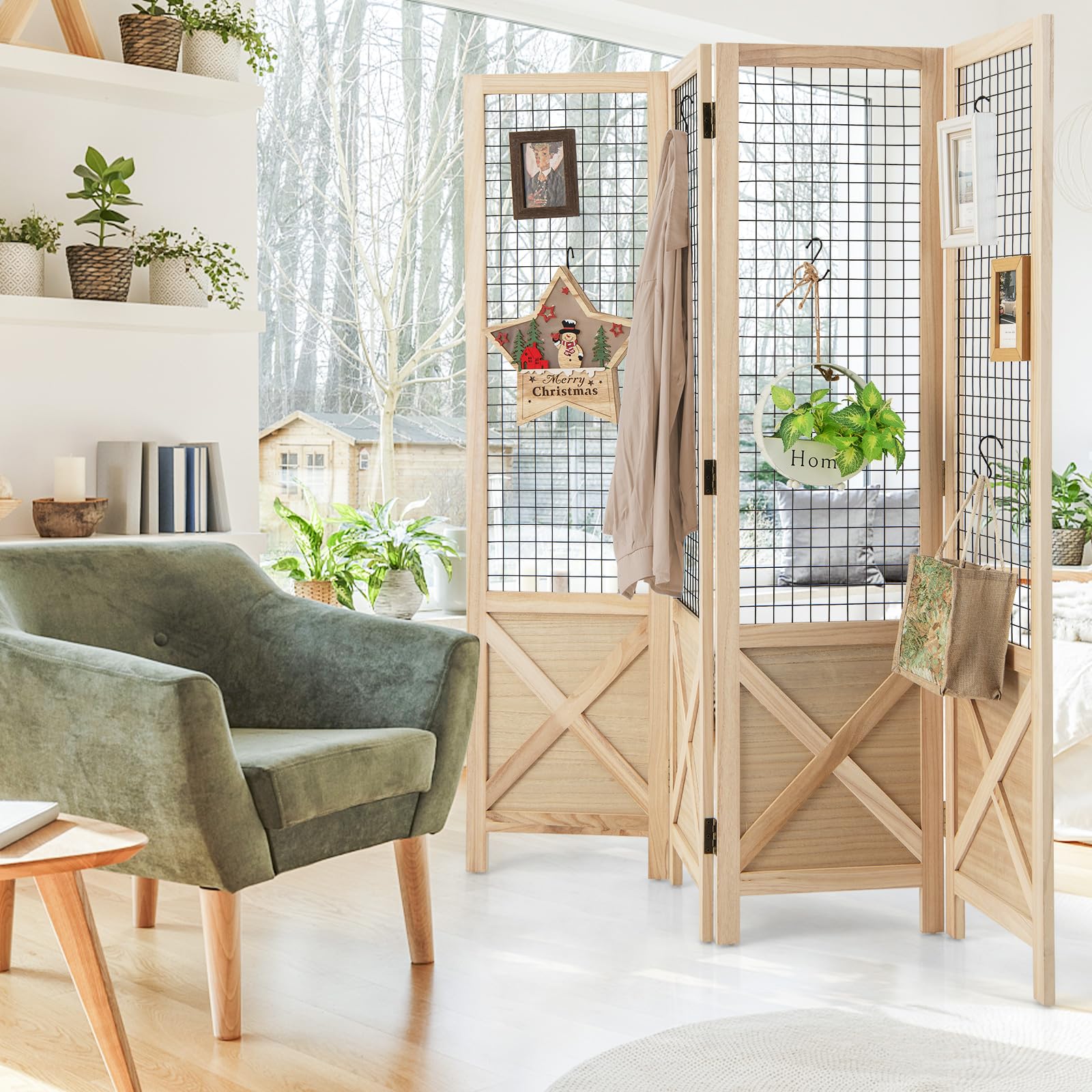 COSTWAY Paravent Interieur 4 Panneaux 151 x 144 cm, Separateur de Pieces Pliable, Bois en Paulownia, Grille, Closion de Separation Interieur, Pieds Antidérapants, pour Chambre Bureau Salon, Naturel