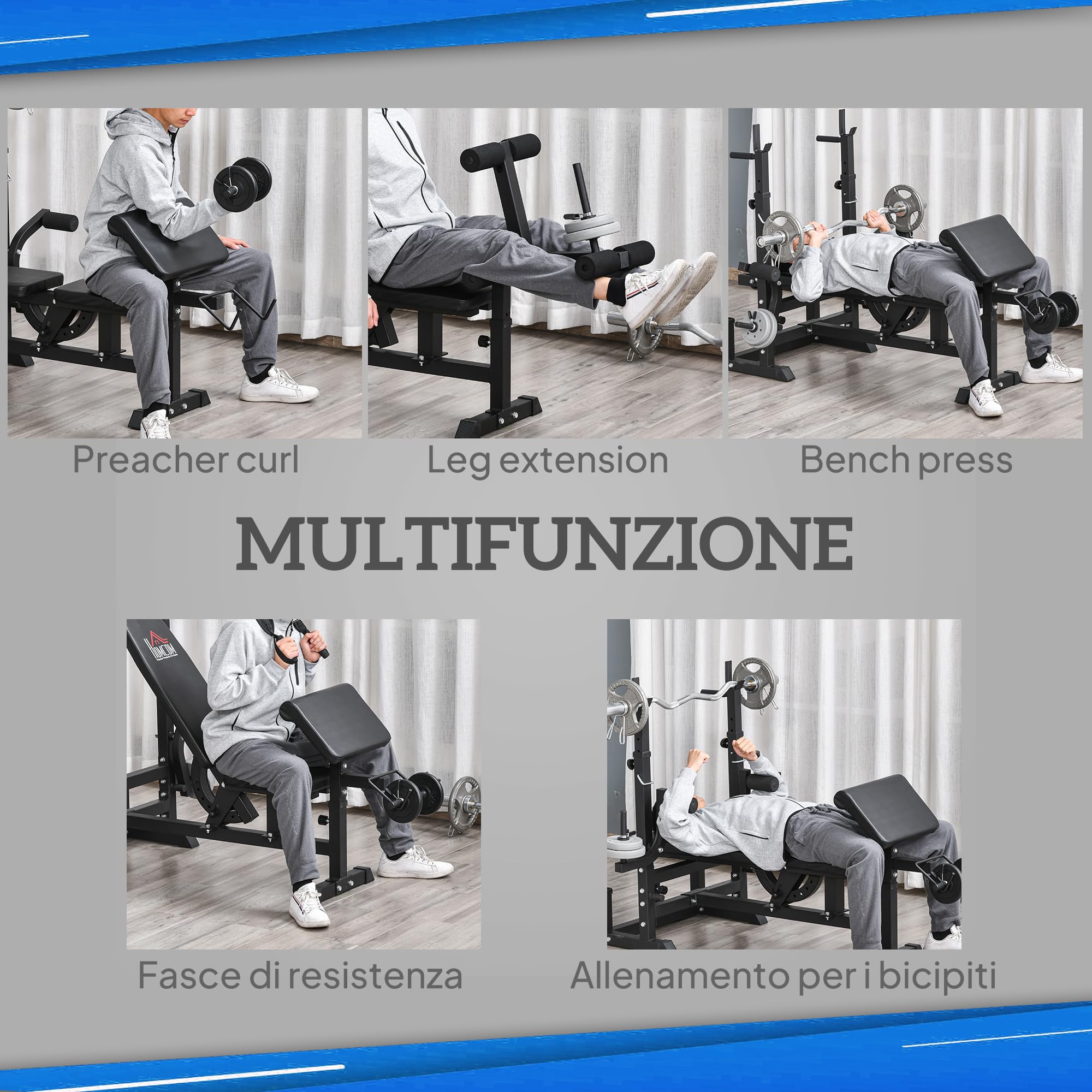 HOMCOM Panca da Palestra con Supporto per Bilanciere e Schienale Regolabile, Panca Pesi con Leg Extension e Leg Curl, Rack per Bilancieri, per Casa Palestra, Nero