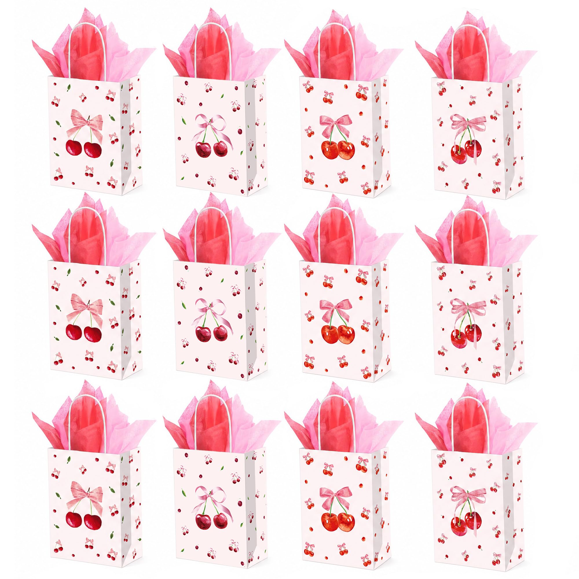 Oriqee 12 Pcs Gift Bags with Handles, 8.3"x6.3"x3.1" Small Kraft Paper Party Bag Cherry Pink Bow Patterns, Reusable Paper Goodie Bags for Birthday, Baby Shower, Wedding & Bridal Shower — image 1