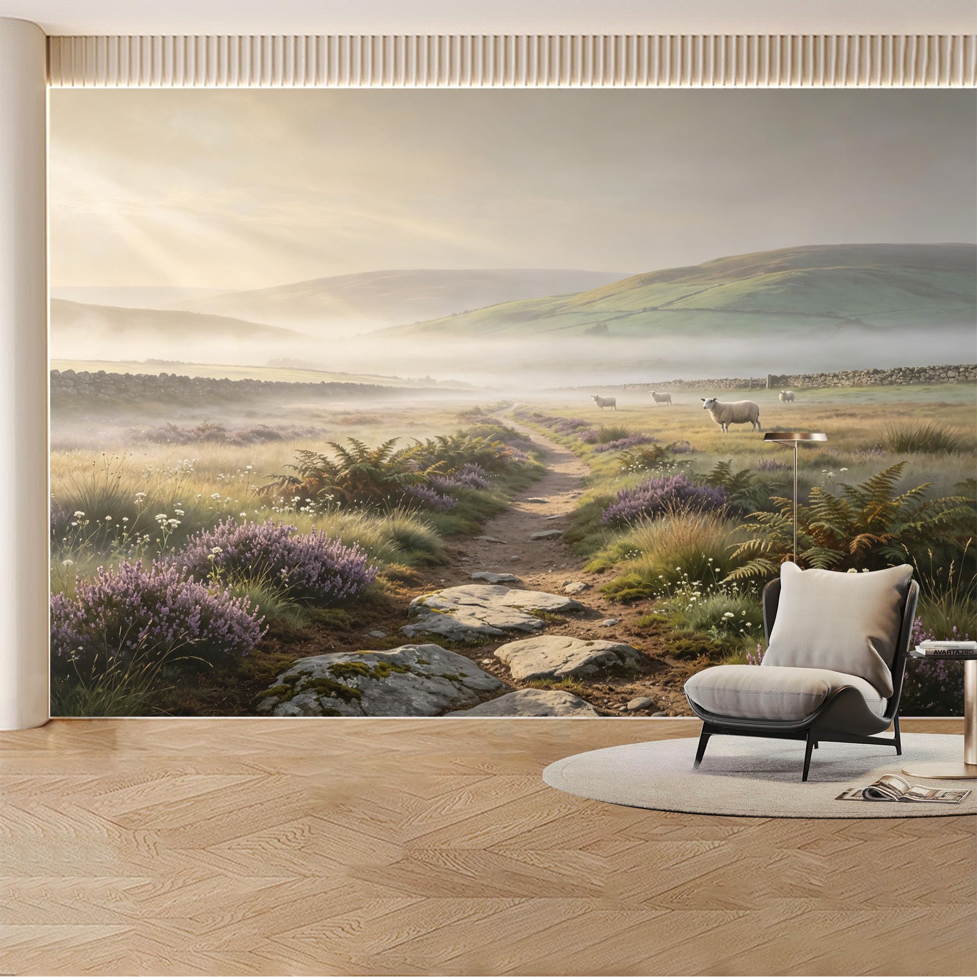 Custom Wall Mural Wallpaper Sheep Meadow Nature Landscape Wall Decor Large Wall Art Misty Minimalist Removable SelfAdhesive Large Photo for Living Room， Bedroom， Office