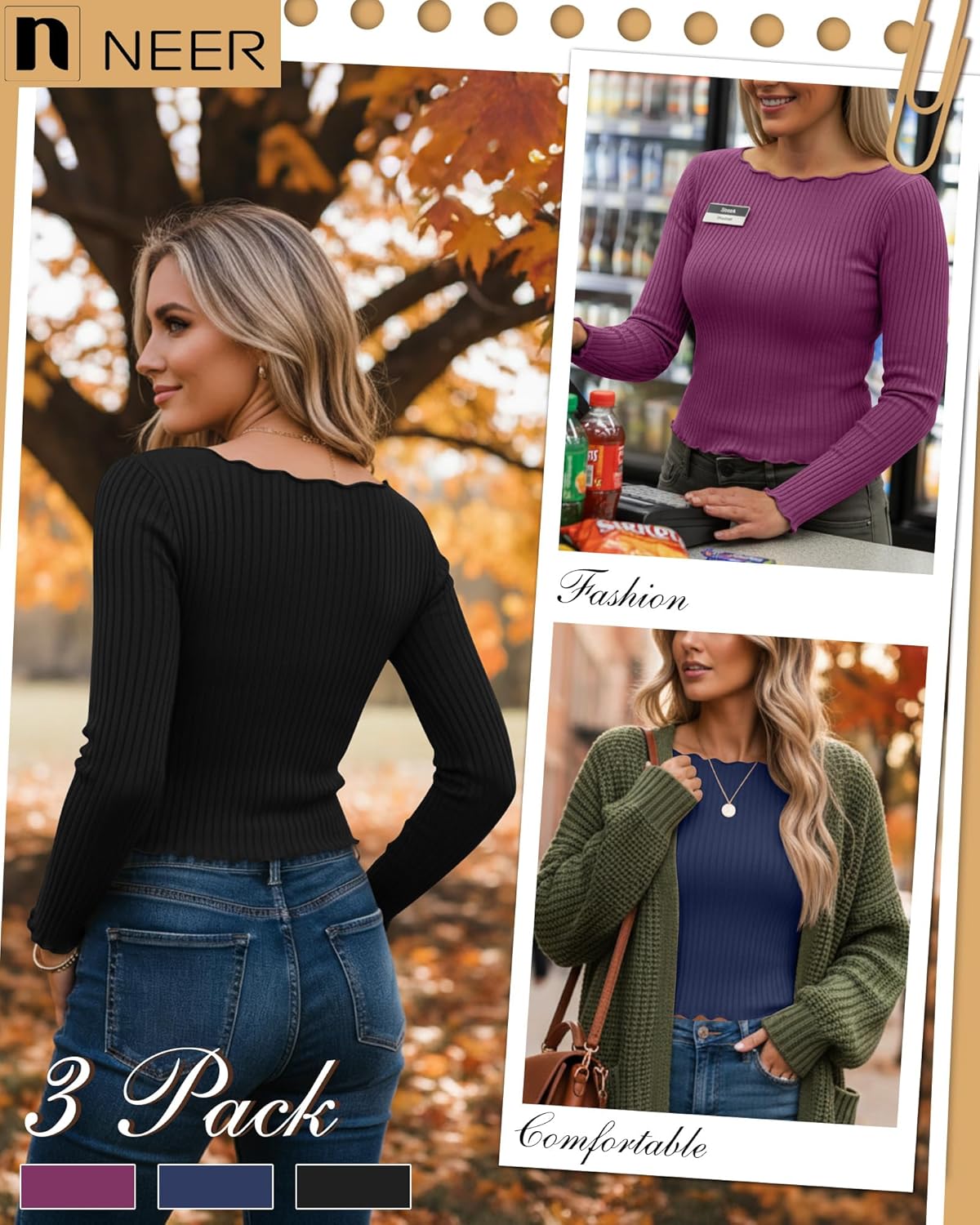 Neer 3 Pack Women's Long Sleeve Crop Tops Cotton Ribbed Boat Neck Lettuce Trim Shirts Slim Fit Casual Basic Tees(Black, Navy Blue, Fuchsia,Large) - Image 2