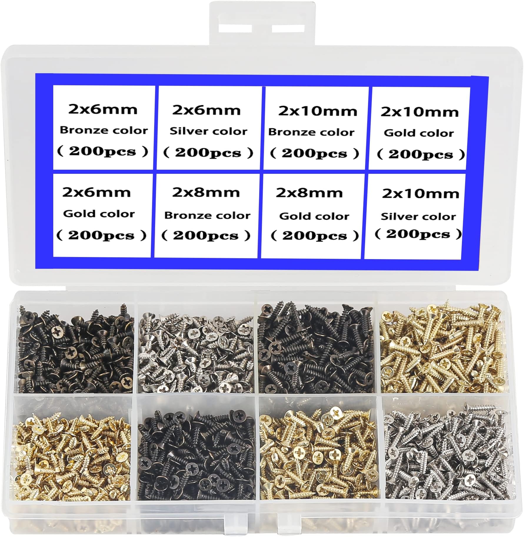 1600pcs 2MM Small Screws Phillips Flat Head Cross Self Tapping Tiny Screw Cabinet Electronic Accessories Screw Multifunctional DIY Micro Woodworking Mini Screw Set Gold Black Silver