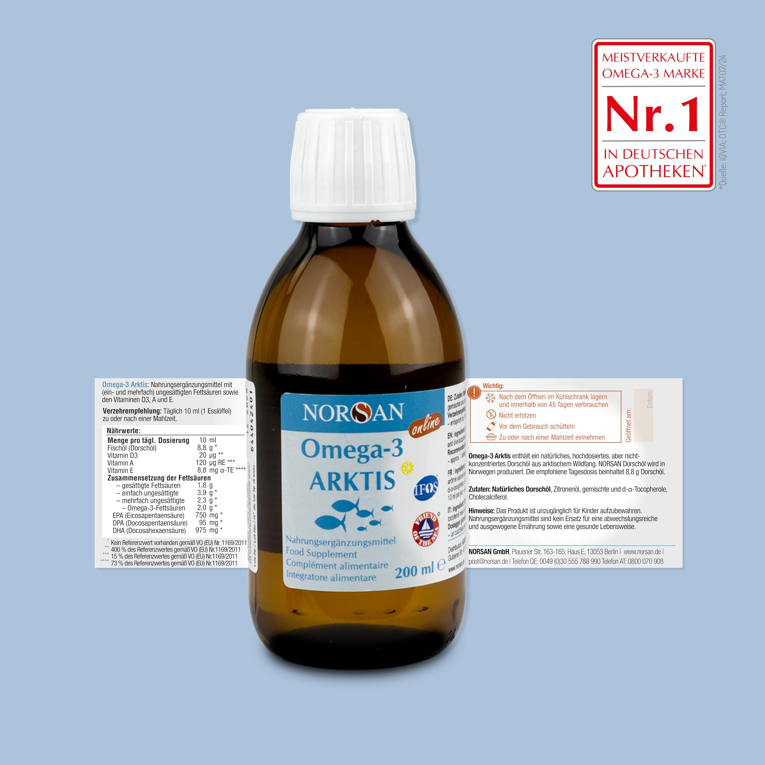 NORSAN Premium Omega-3 Arktis Dorschöl hochdosiert 2x 200 ml - 2.000 mg Omega-3 pro Portion mit Zitronengeschmack - Fischöl mit EPA & DHA - Premium Öl 800 IE Vitamin D3