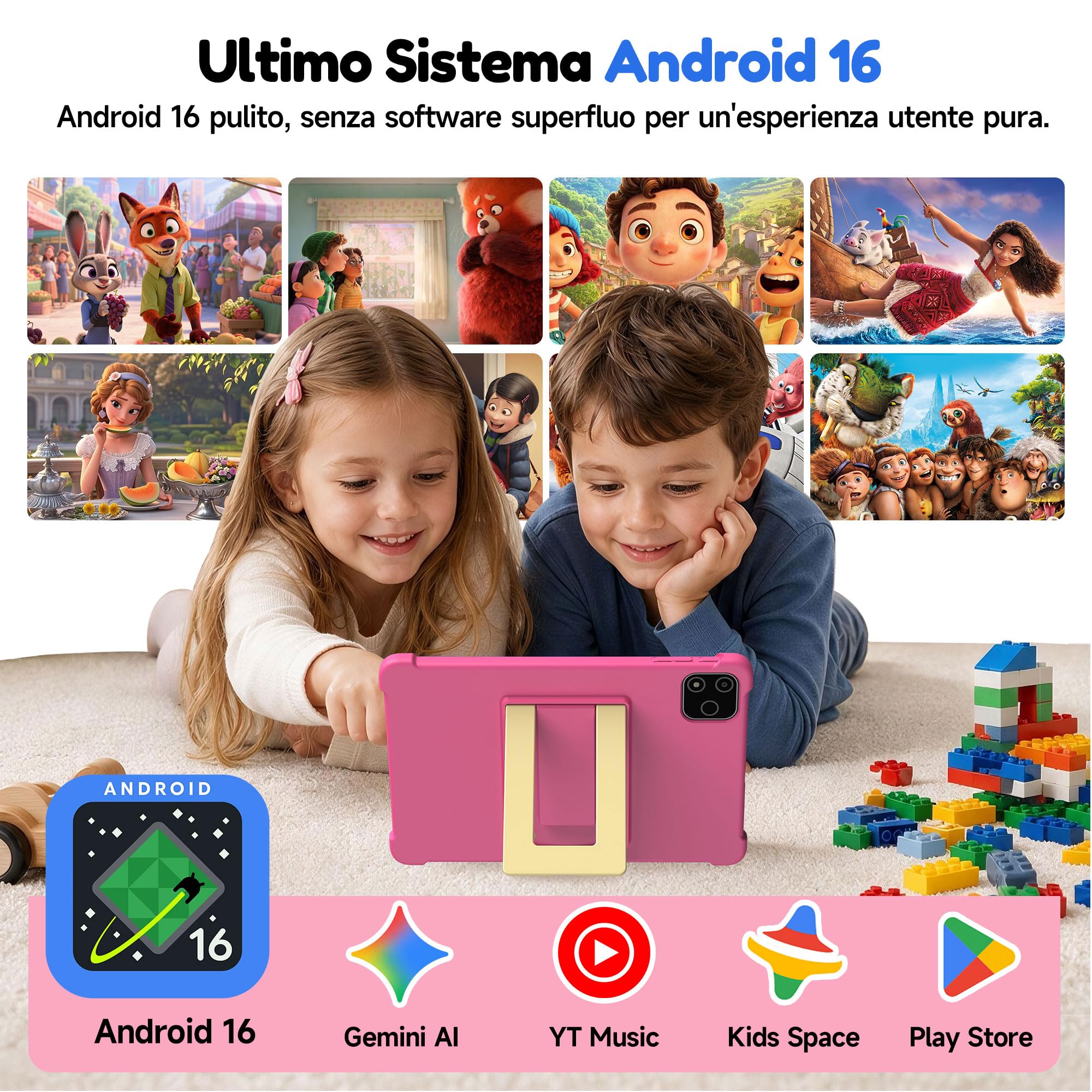 ALLDOCUBE 10" Tablet per bambini con stilo, Android 16, 64GB, 6000mAh, Rosa