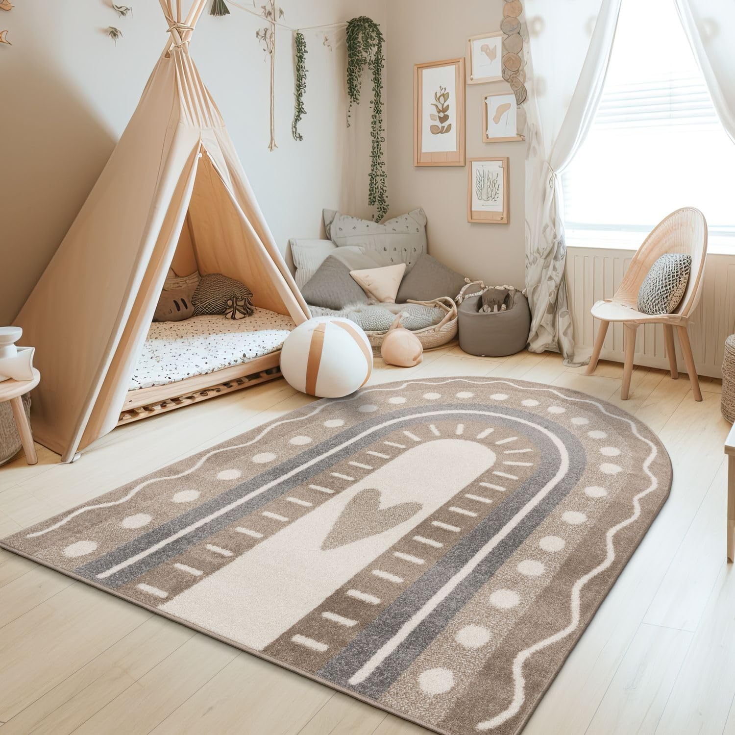 TT Home Nursery Area Rug Kids Rug For Bedroom Girls Boys Modern Rainbow Cloud Rug Animal Motif Colourful, colour:Grey Beige Cream, Size:120x160 cm rainbow shape