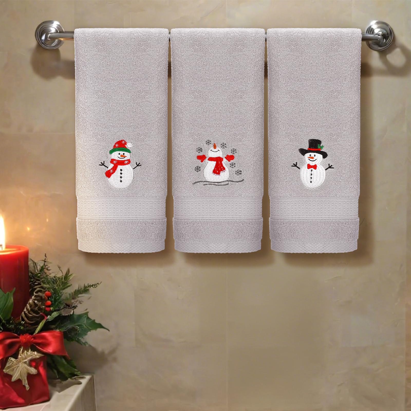 SmoothNovelty 3 asciugamani natalizi con pupazzo di neve per il bagno, in cotone, ricamati, con pupazzo di neve, 33,8 x 74,9 cm, per bagno, doccia, decorazione natalizia per l'inaugurazione della casa